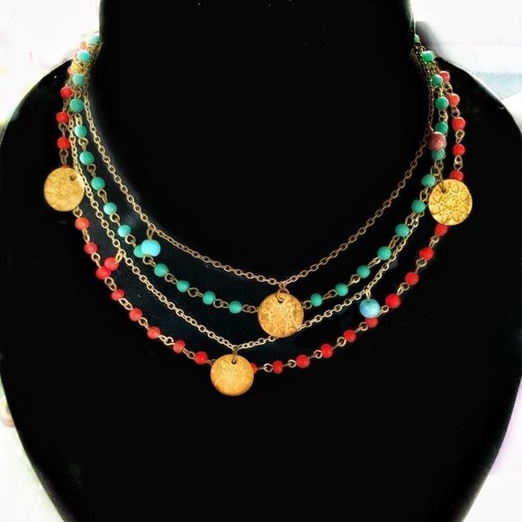 Vintage ethnic boho red & turquoise glass bead  gold coin chain necklace. 15.5” - Picture 2 of 7